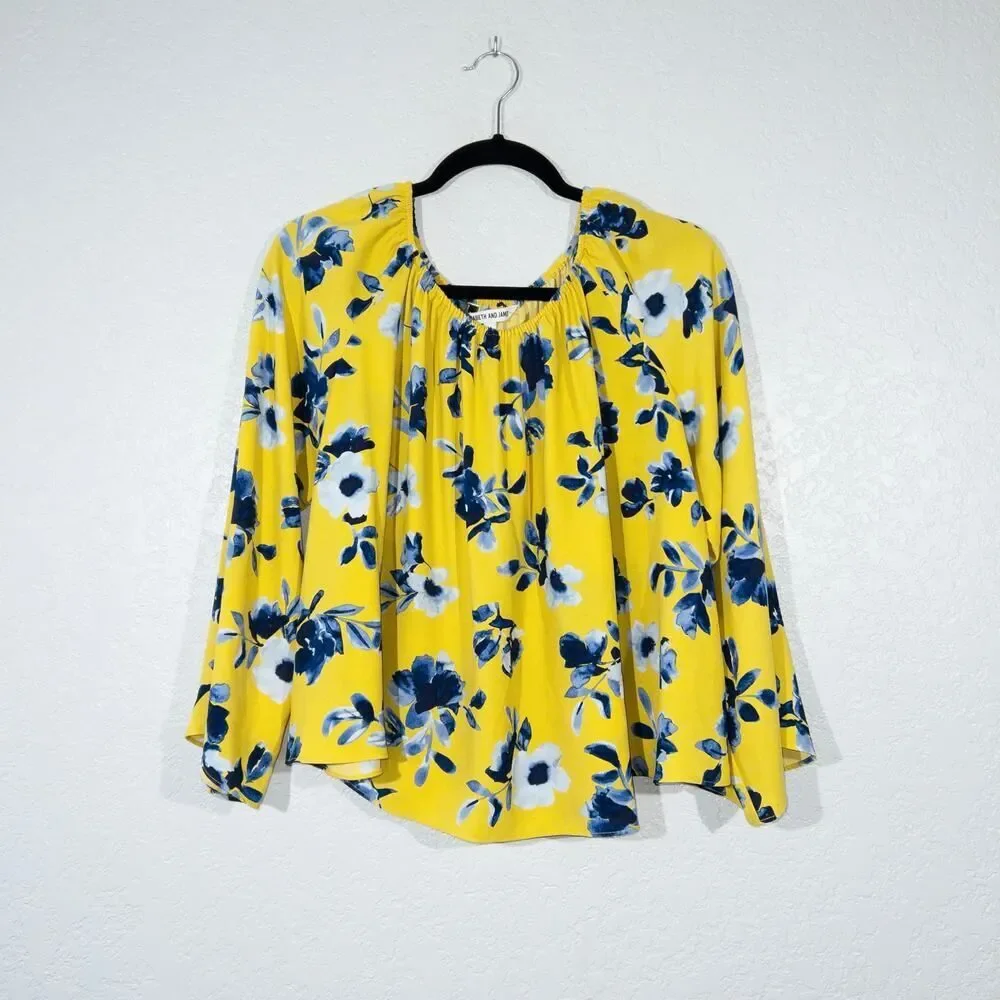 Elizabeth & James Yellow Floral‎ Peasant Top Size Medium
